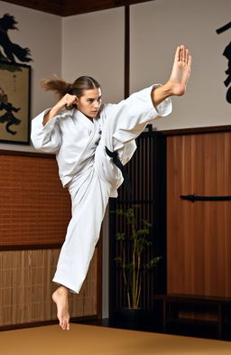 A dynamic scene of a karate practitioner in mid-air executing a powerful high kick in a dojo, surrounded by traditional Japanese decor including bamboo mats and murales