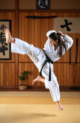 A dynamic scene of a karate practitioner in mid-air executing a powerful high kick in a dojo, surrounded by traditional Japanese decor including bamboo mats and murales