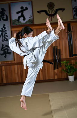 A dynamic scene of a karate practitioner in mid-air executing a powerful high kick in a dojo, surrounded by traditional Japanese decor including bamboo mats and murales
