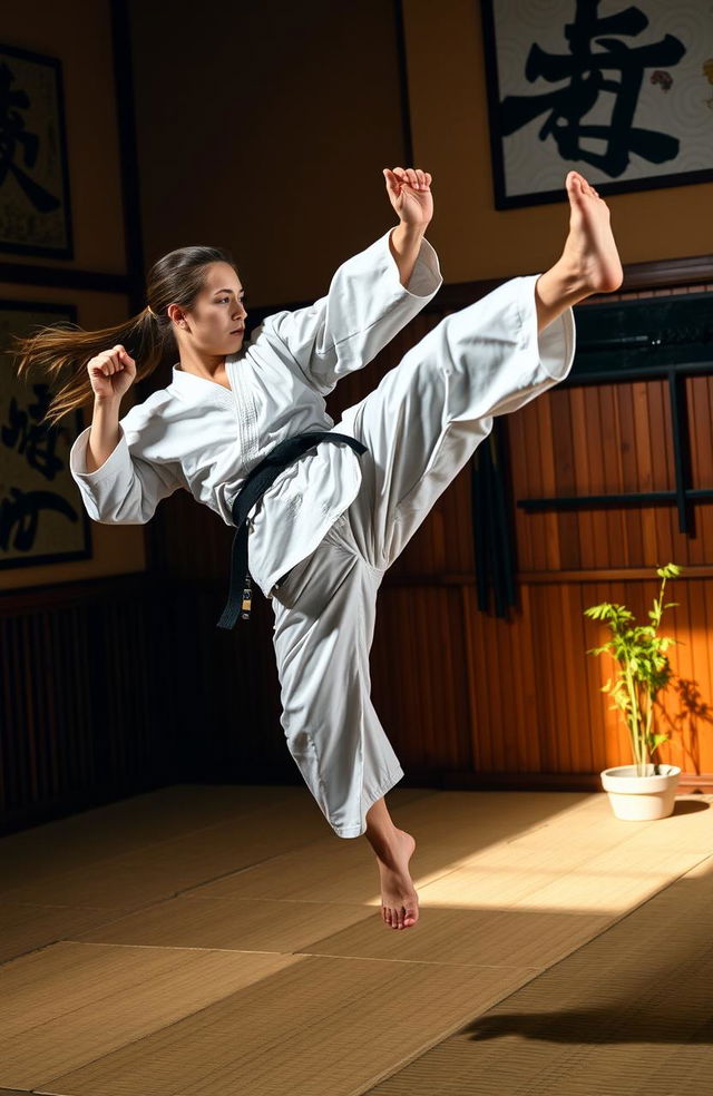 A dynamic scene of a karate practitioner in mid-air executing a powerful high kick in a dojo, surrounded by traditional Japanese decor including bamboo mats and murales