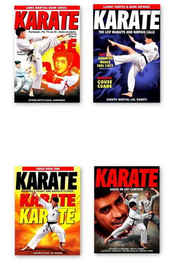 A series of dynamic karate book covers featuring action-packed scenes of skilled martial artists demonstrating powerful karate moves