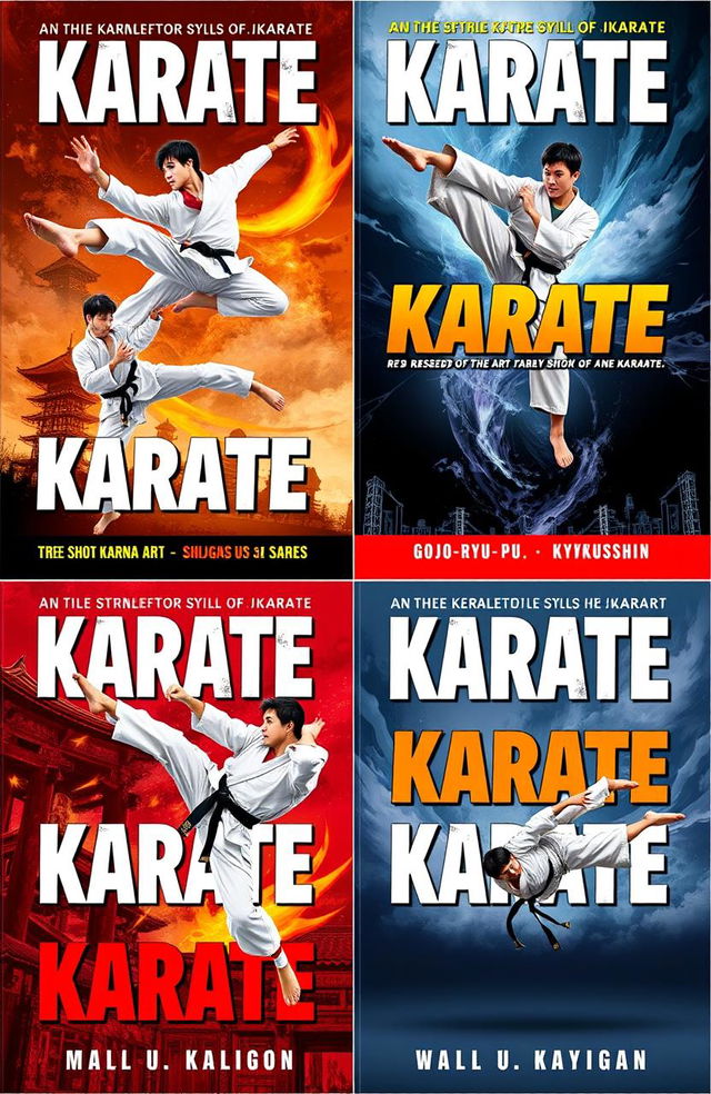 A series of dynamic karate book covers featuring action-packed scenes of skilled martial artists demonstrating powerful karate moves