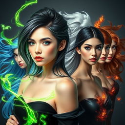 A beautiful young woman with a stylish black-grey-green gradient hairstyle, surrounded by vibrant green magical powers that swirl around her
