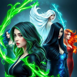 A beautiful young woman with a stylish black-grey-green gradient hairstyle, surrounded by vibrant green magical powers that swirl around her