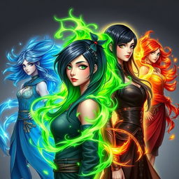 A young woman with a stylish black-gray-green gradient hairstyle, surrounded by vibrant green energy indicating her mystical powers
