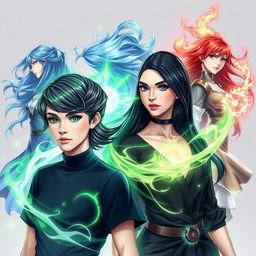 A young woman with a stylish black-gray-green gradient hairstyle, surrounded by vibrant green energy indicating her mystical powers