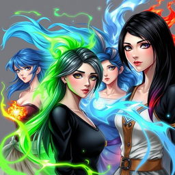A young woman with a stylish black-gray-green gradient hairstyle, surrounded by vibrant green energy indicating her mystical powers