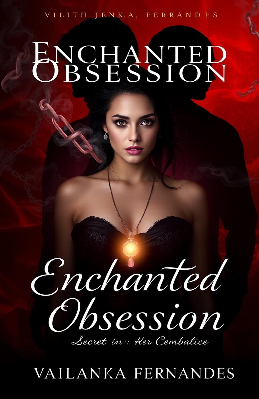 A book cover design for "Enchanted Obsession: Secret In Her Embrace" by Vailanka Fernandes, featuring Lilith Carter at the forefront with deep reds and blacks dominating the background