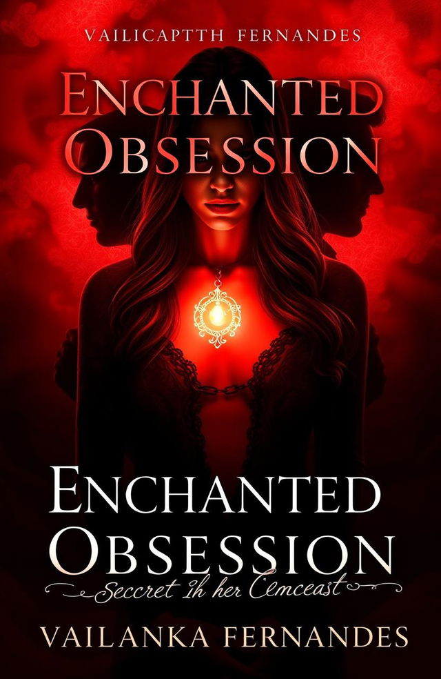 A book cover design for "Enchanted Obsession: Secret In Her Embrace" by Vailanka Fernandes, featuring Lilith Carter at the forefront with deep reds and blacks dominating the background