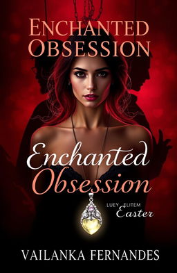 A book cover design for "Enchanted Obsession: Secret In Her Embrace" by Vailanka Fernandes, featuring Lilith Carter at the forefront with deep reds and blacks dominating the background