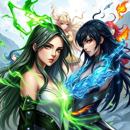 A young woman with gradient hair in black, gray, and green, surrounded by green powers radiating around her