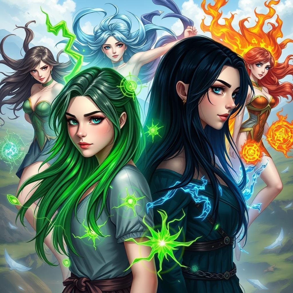 A young woman with gradient hair in black, gray, and green, surrounded by green powers radiating around her