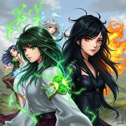 A young woman with gradient hair in black, gray, and green, surrounded by green powers radiating around her