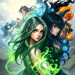A young woman with gradient hair in black, gray, and green, surrounded by green powers radiating around her