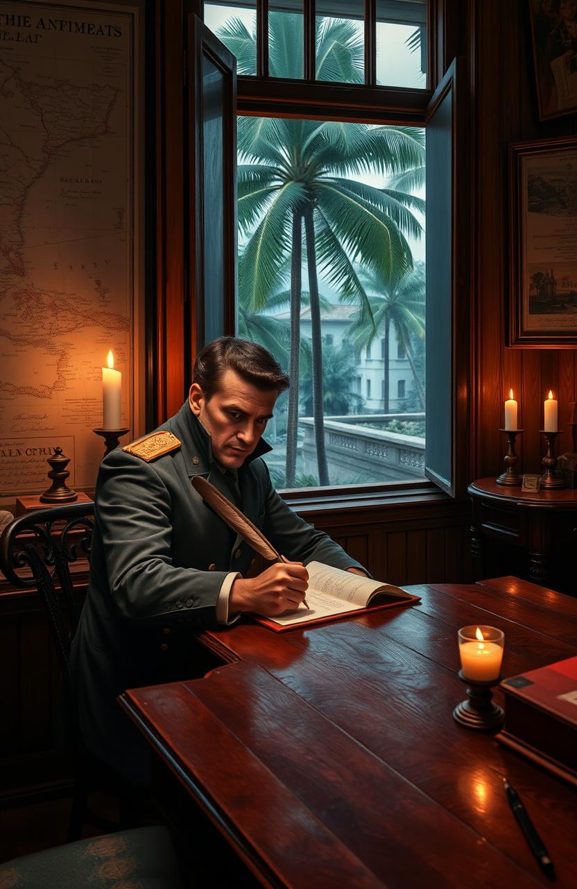 A military man sitting at a wooden desk in Batavia City, Dutch East Indies during the 19th century, writing letters with a quill and inkwell