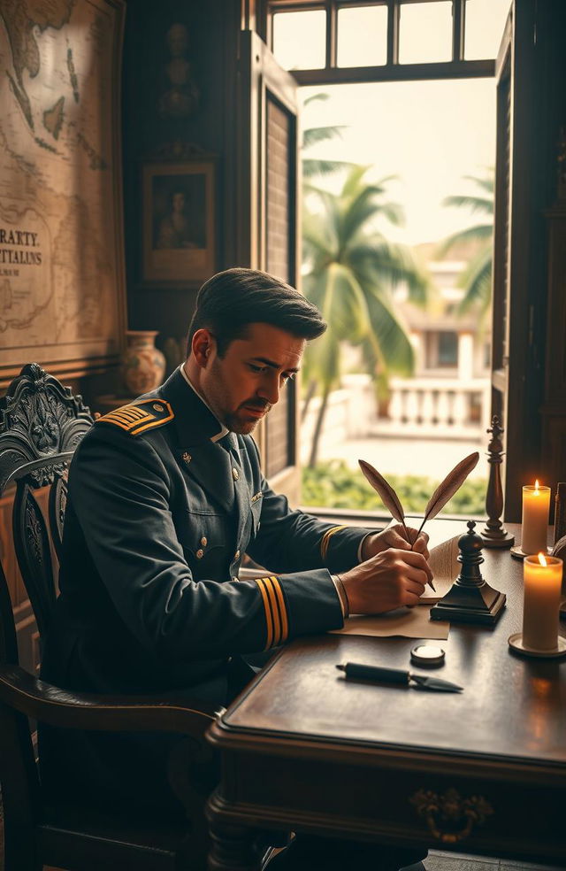 A military man sitting at a wooden desk in Batavia City, Dutch East Indies during the 19th century, writing letters with a quill and inkwell