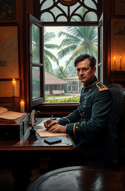 A military man sitting at a wooden desk in Batavia City, Dutch East Indies during the 19th century, writing letters with a quill and inkwell