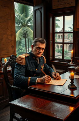 A military man sitting at a wooden desk in Batavia City, Dutch East Indies during the 19th century, writing letters with a quill and inkwell