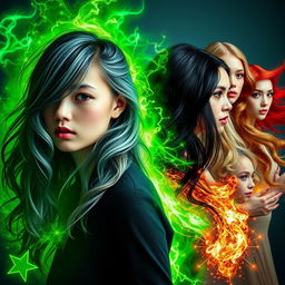 A young woman with a gradient hairstyle of black, gray, and green, surrounded by vibrant green energy glowing around her