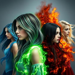 A young woman with a gradient hairstyle of black, gray, and green, surrounded by vibrant green energy glowing around her