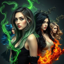 A striking scene featuring a young woman with a gradient hairstyle transitioning from black to gray to green, surrounded by ethereal green powers swirling around her