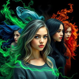 A striking scene featuring a young woman with a gradient hairstyle transitioning from black to gray to green, surrounded by ethereal green powers swirling around her
