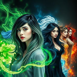 A striking scene featuring a young woman with a gradient hairstyle transitioning from black to gray to green, surrounded by ethereal green powers swirling around her