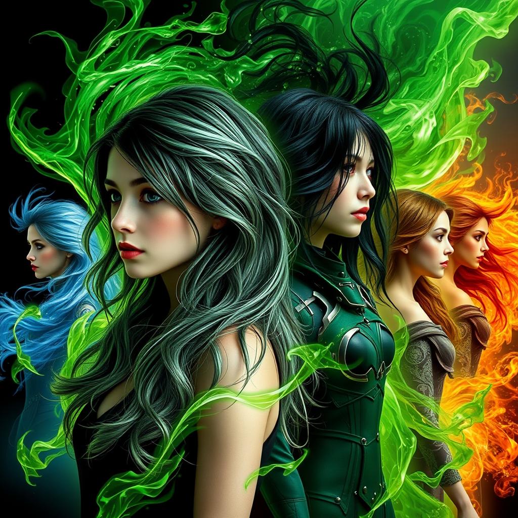 A striking scene featuring a young woman with a gradient hairstyle transitioning from black to gray to green, surrounded by ethereal green powers swirling around her