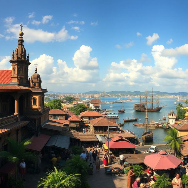 A panoramic view of Batavia City, Dutch East Indies in the 19th century, showcasing a bustling colonial port scene