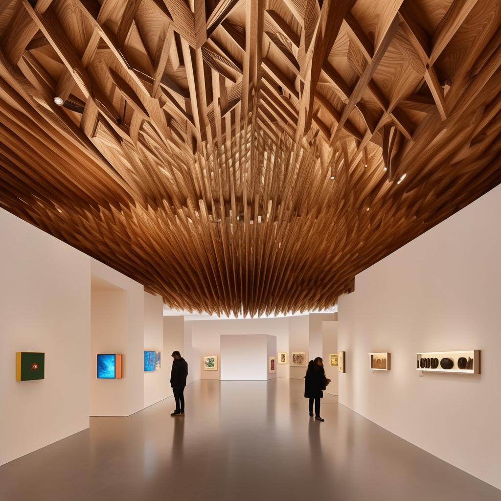 Design an interactive exhibition area within an art museum, brimming with engaging objects and artifacts. Above, a traditional wooden ceiling provides a captivating backdrop to the interactivity below.