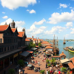 A panoramic view of Batavia City, Dutch East Indies in the 19th century, showcasing a bustling colonial port scene