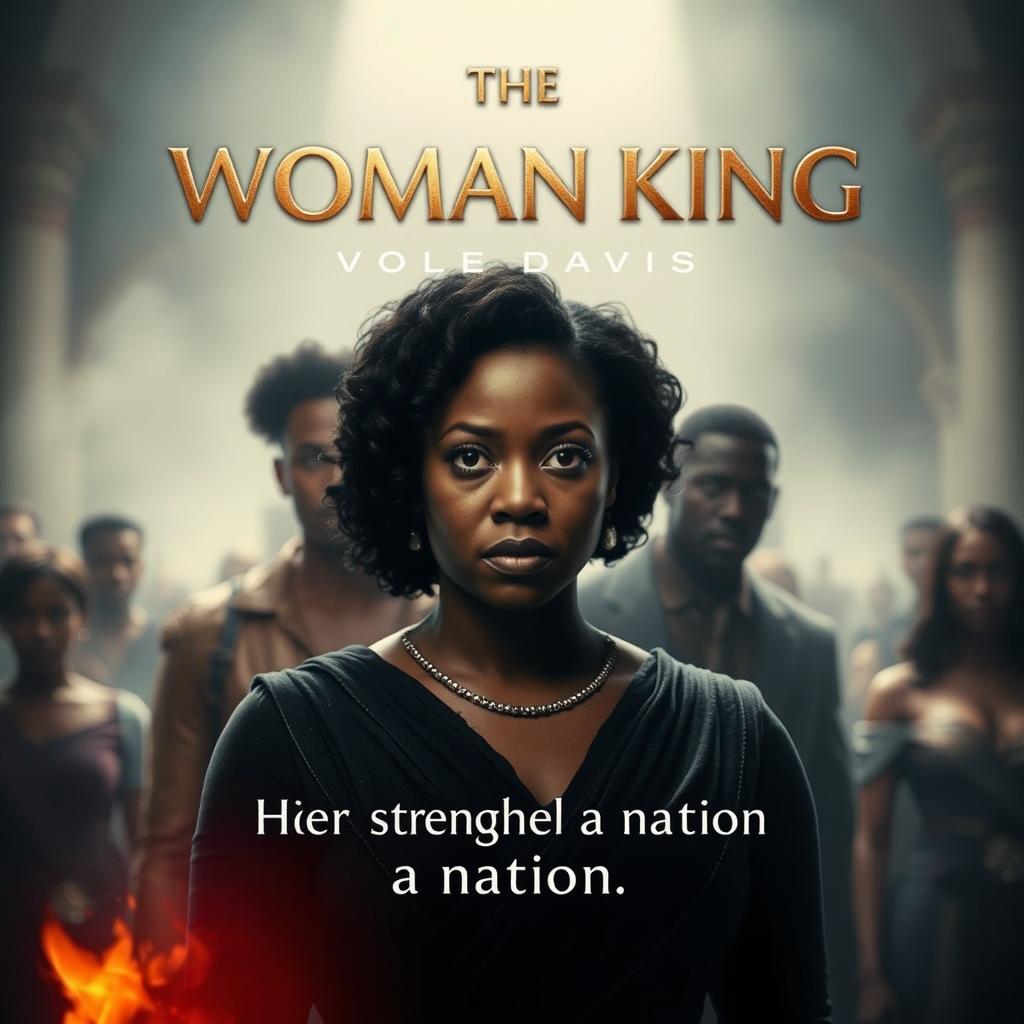 A striking movie poster concept for 'The Woman King', focusing entirely on Viola Davis as the main character