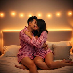 A Chinese man warmly embracing and kissing his wife in stylish, sexy pajamas in their cozy bedroom at night