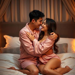 A Chinese man warmly embracing and kissing his wife in stylish, sexy pajamas in their cozy bedroom at night