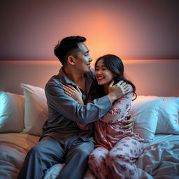 A Chinese man warmly embracing and kissing his wife in stylish, sexy pajamas in their cozy bedroom at night