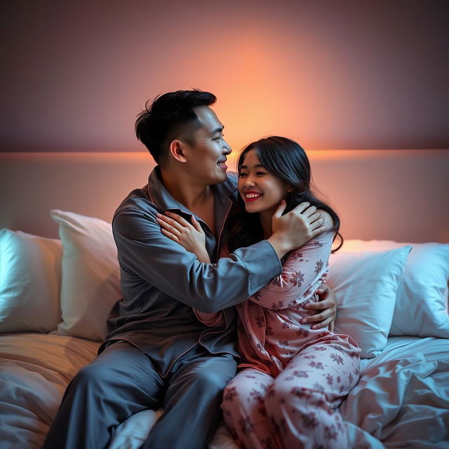 A Chinese man warmly embracing and kissing his wife in stylish, sexy pajamas in their cozy bedroom at night