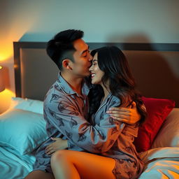 A Chinese man warmly embracing and kissing his wife in stylish, sexy pajamas in their cozy bedroom at night
