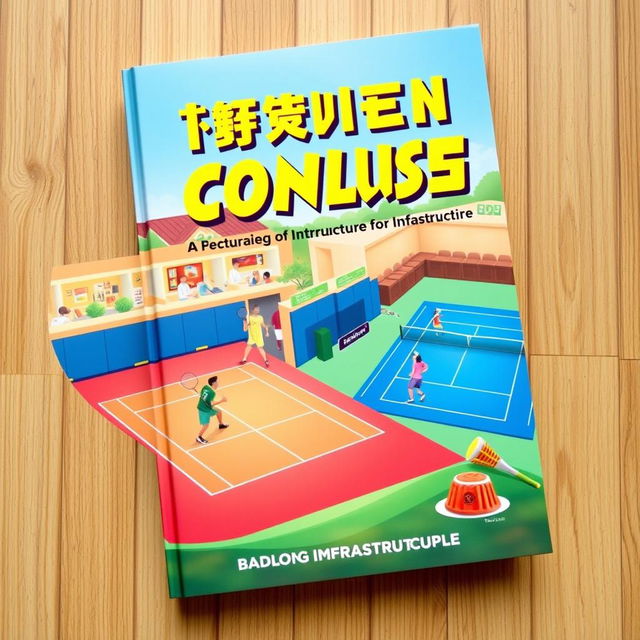 A book cover design featuring a vibrant illustration of a modern sports complex