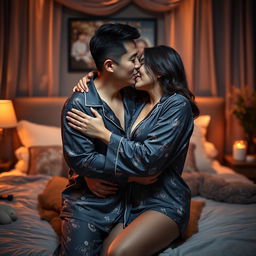 A Chinese man affectionately hugging and kissing his wife while both are wearing sexy pajamas in their cozy bedroom at night