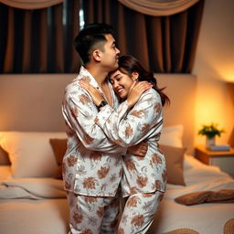 A Chinese man affectionately hugging and kissing his wife while both are wearing sexy pajamas in their cozy bedroom at night