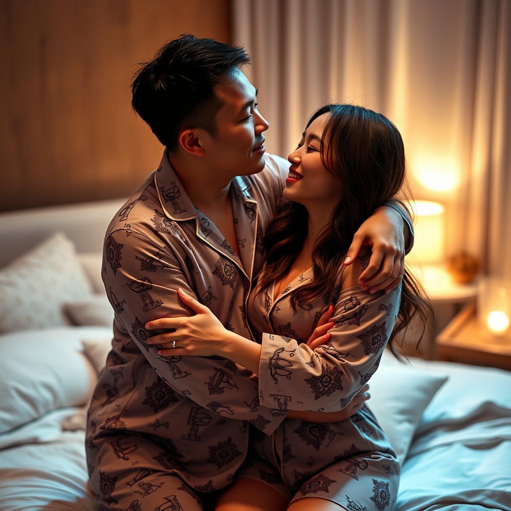 A Chinese man affectionately hugging and kissing his wife while both are wearing sexy pajamas in their cozy bedroom at night