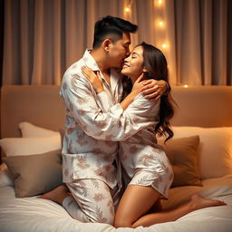 A Chinese man affectionately hugging and kissing his wife while both are wearing sexy pajamas in their cozy bedroom at night