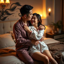 A Chinese man lovingly hugging and kissing his wife clad in sexy pajamas in their cozy bedroom at night