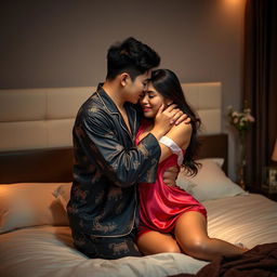 A Chinese man lovingly hugging and kissing his wife clad in sexy pajamas in their cozy bedroom at night