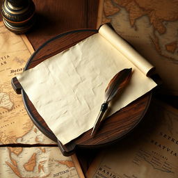 A beautifully crafted teakwood table featuring an elegant, empty old parchment paper resting on it, accompanied by an intricately designed pen made from feathers and filled with rich ink