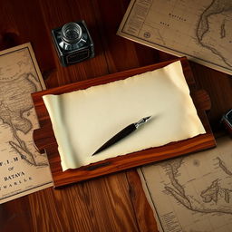 A beautifully crafted teakwood table featuring an elegant, empty old parchment paper resting on it, accompanied by an intricately designed pen made from feathers and filled with rich ink
