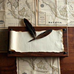 A beautifully crafted teakwood table featuring an elegant, empty old parchment paper resting on it, accompanied by an intricately designed pen made from feathers and filled with rich ink