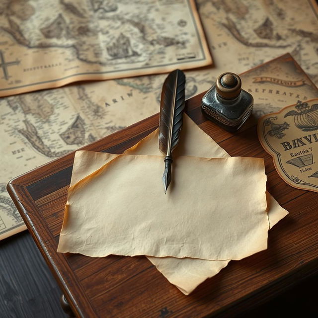 A beautifully crafted teakwood table featuring an elegant, empty old parchment paper resting on it, accompanied by an intricately designed pen made from feathers and filled with rich ink