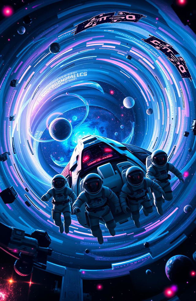 A thrilling adventure inside a black hole, featuring a futuristic spaceship surrounded by swirling colors and light distortions