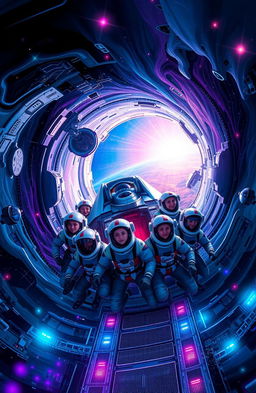 A thrilling adventure inside a black hole, featuring a futuristic spaceship surrounded by swirling colors and light distortions